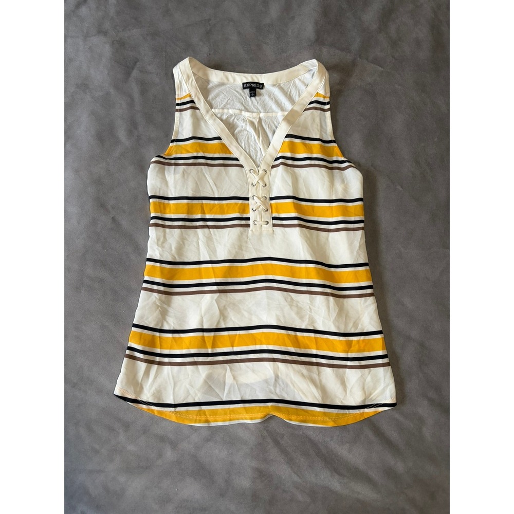 Express Womens Striped Lace Up V-Neck Sleeveless Blouse Top Yellow White Small